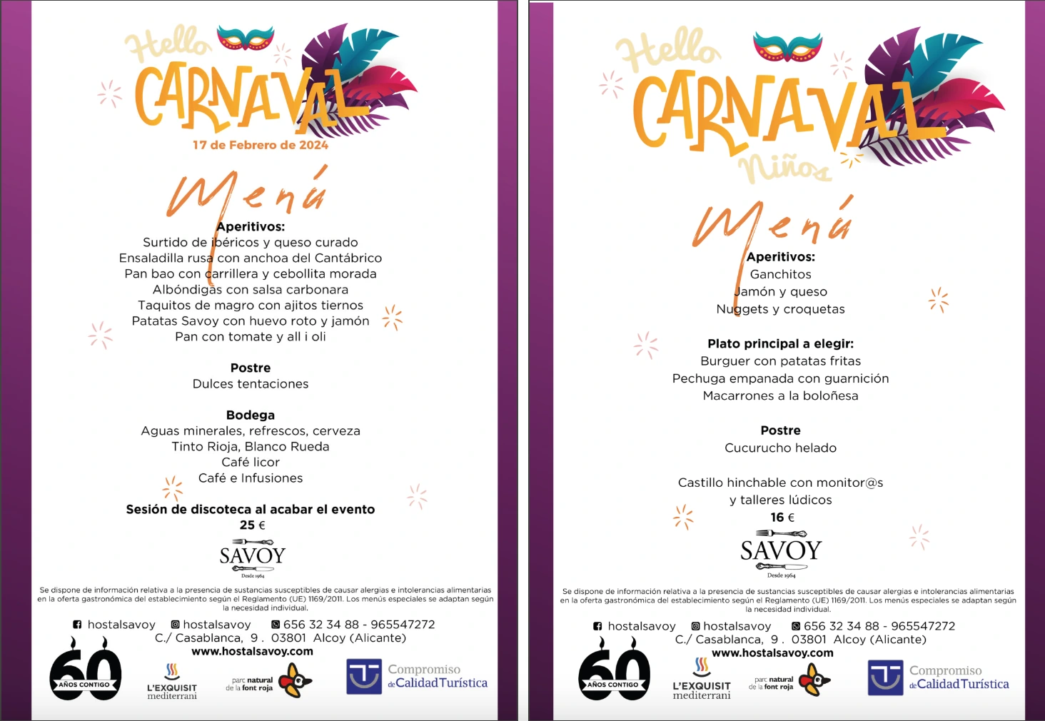 menu savoy carnaval 2024 Alcoy