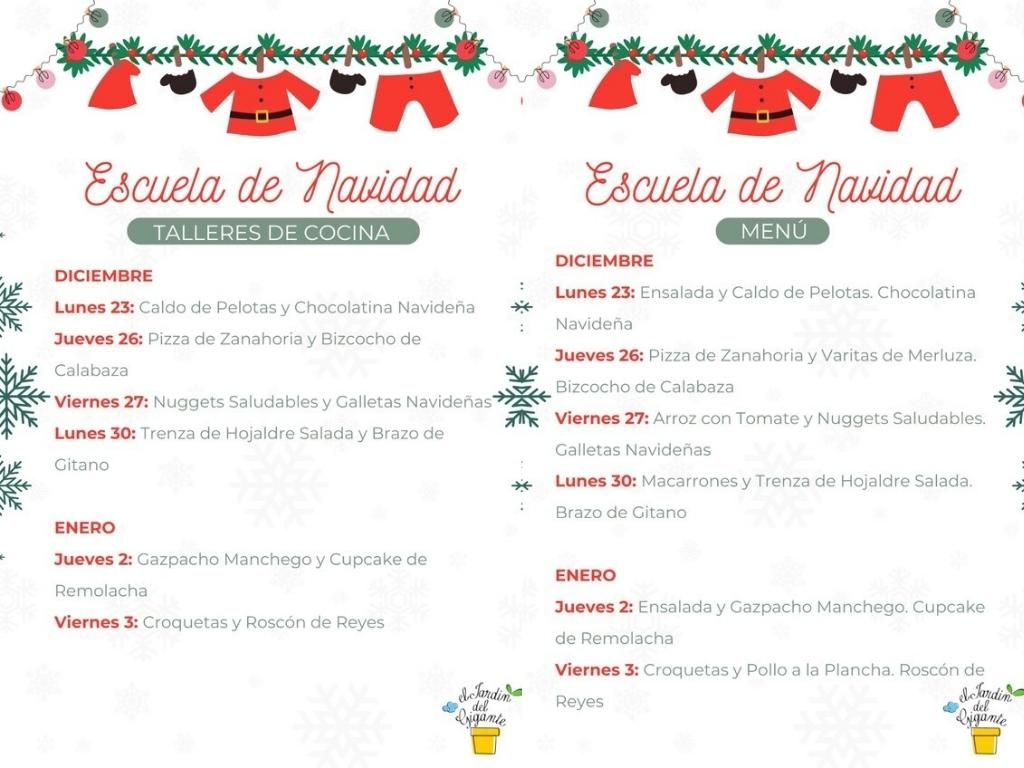 Escuela Navidad Jardin Gigante menu talleres 2024 Sant Vicent del Raspeig
