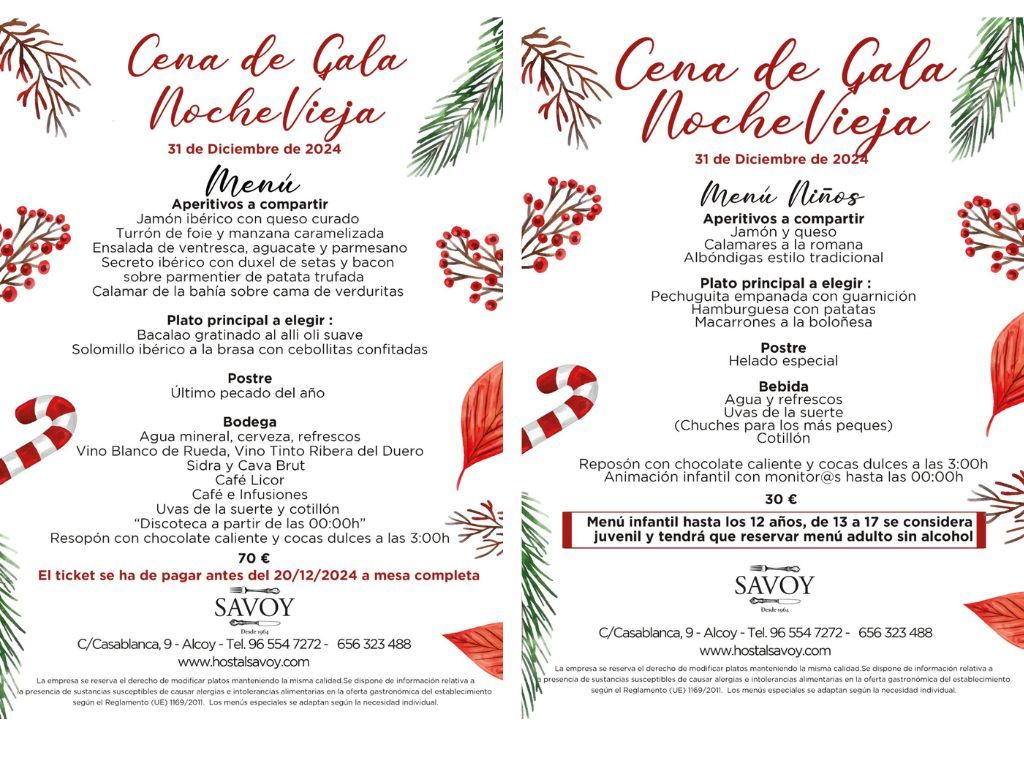 Cena de Nochevieja Restaurante Hostal Savoy Alcoy